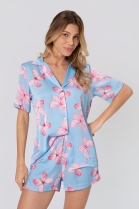 PIJAMA FEMININO MANGA CURTA COM BOT&Otilde;ES E SHORT AZUL BORBOLETAS - ACUO