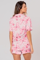 PIJAMA FEMININO MANGA CURTA COM BOT&Otilde;ES E SHORT CETIM ROSA BORBOLRTAS - ACUO