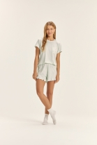 PIJAMA FEMININO MANGA CURTA E SHORT BABADO VERDE LISTRAS FAMÍLIA - COR COM AMOR