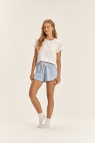 PIJAMA FEMININO MANGA CURTA E SHORT AZUL LISTRAS FAMÍLIA - COR COM AMOR