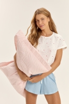 PIJAMA FEMININO MANGA CURTA E SHORT AZUL LISTRAS FAMÍLIA - COR COM AMOR