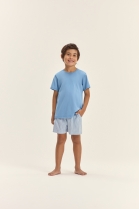 PIJAMA MASCULINO INFANTIL MANGA CURTA E BERMUDA AZUL LISTRAS FAM&Iacute;LIA - COR COM AMOR