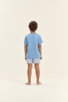 PIJAMA MASCULINO JUVENIL MANGA CURTA E BERMUDA AZUL LISTRAS FAM&Iacute;LIA - COR COM AMOR