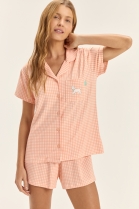 PIJAMA FEMININO CURTO COM BOT&Otilde;ES XADREZ LARNJA - COR COM AMOR
