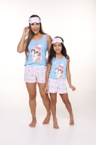 PIJAMA FEMININO CURTO AZUL CACHORRO COM TAPA OLHO PLUS SIZE - CONTEMPORANEA