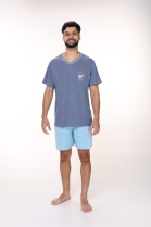 PIJAMA MASCULINO MANGA CURTA E BERMUDA AZUL VERÃO FAMÍLIA - CONTEMPORÂNEA