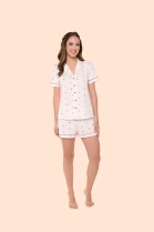 PIJAMA FEMININO MANGA CURTA COM BOT&Otilde;ES E SHORT BRANCO GATOS - BOCEJINHO